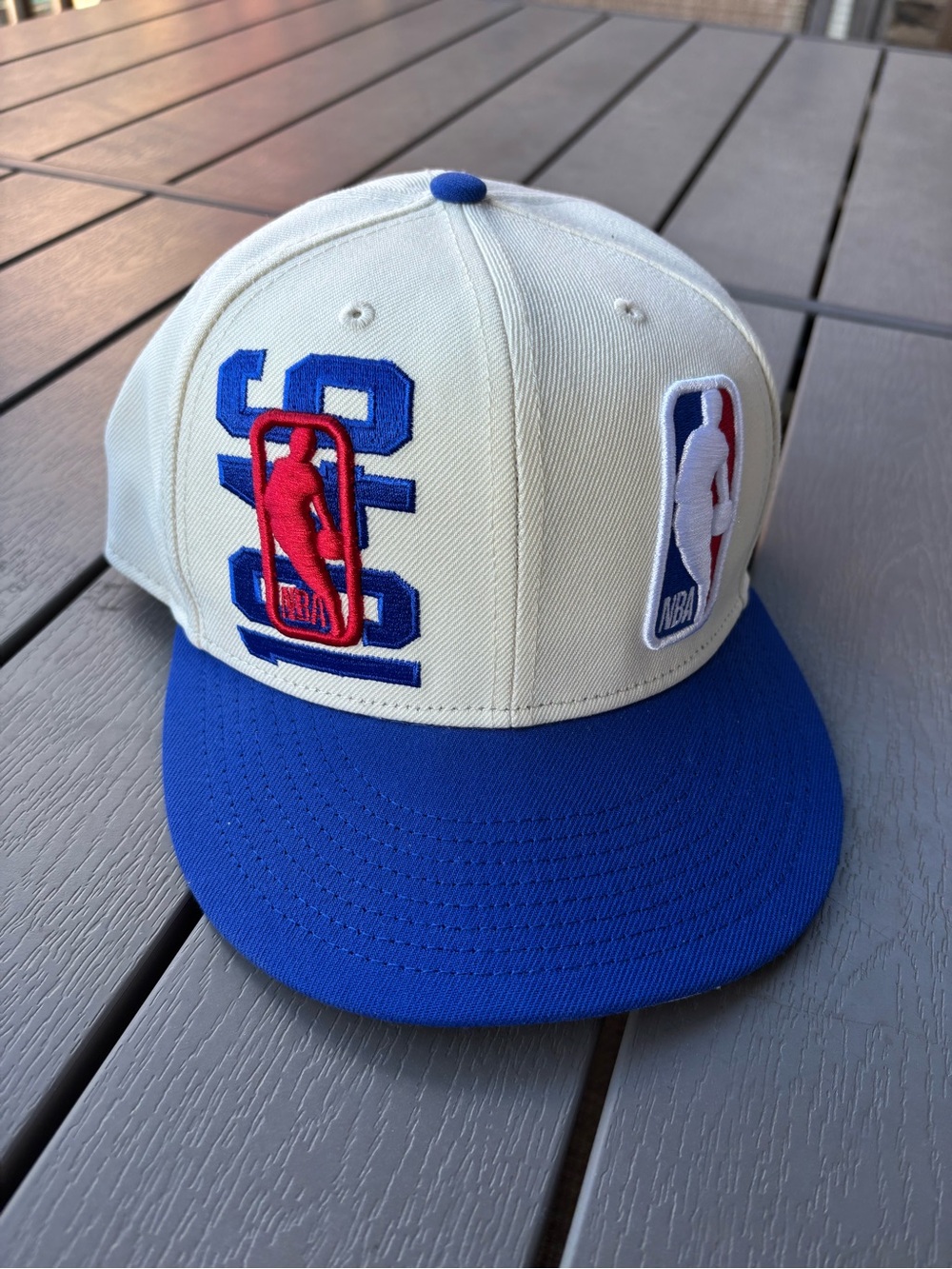 NBA Snapback Hat in Cream & Royal Blue with Red Logo